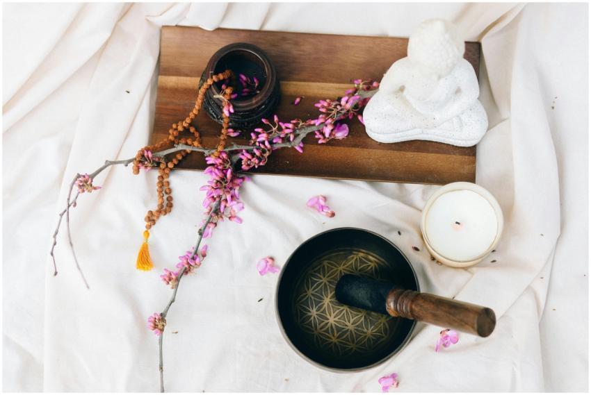 Flat lay of a meditation setup with a singing bowl