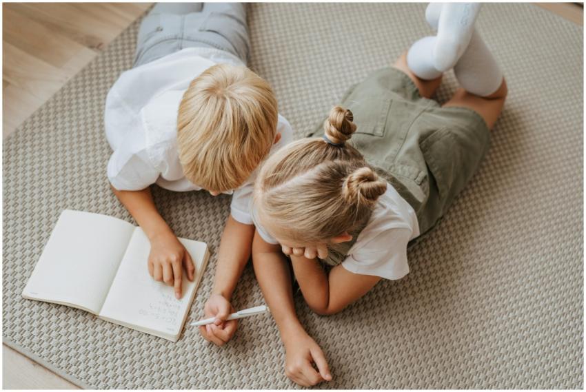 Two young children study together on the floor, co