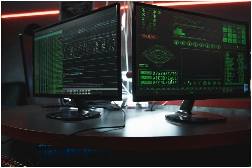 Close-up of dual computer monitors with green codi