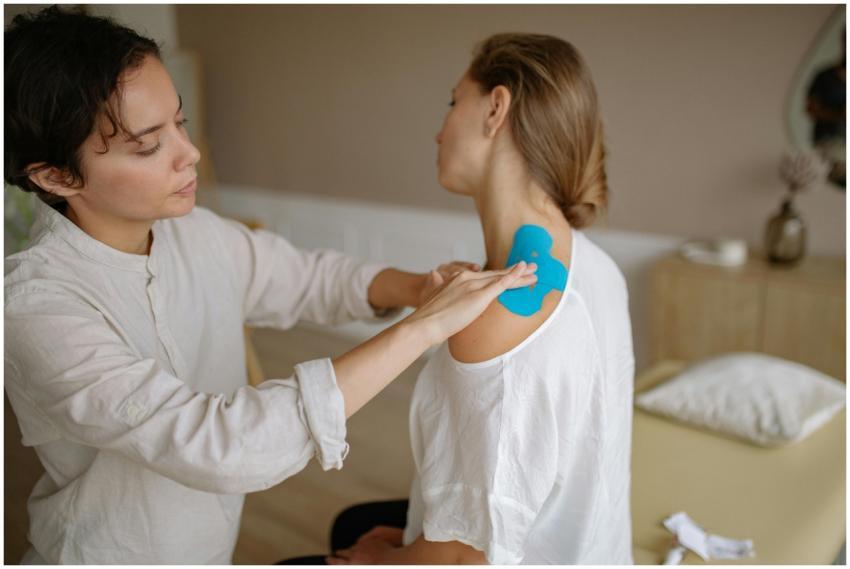 A physiotherapist applies blue kinesiology tape to