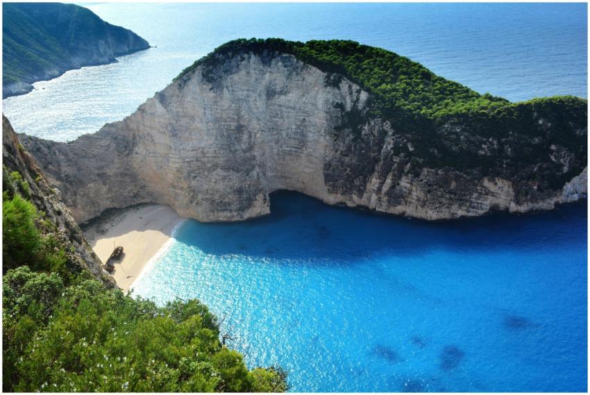 A breathtaking aerial view of Navagio Beach with t