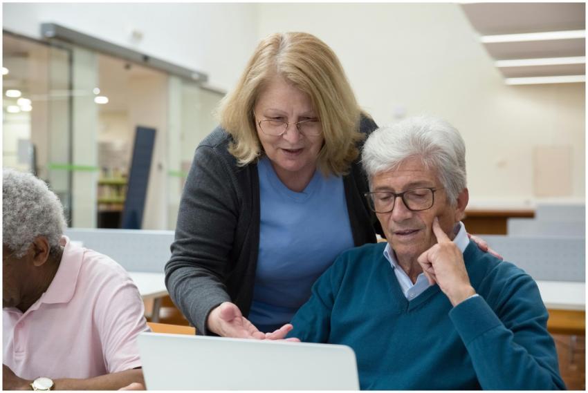 Seniors engaging in learning with guidance, promot