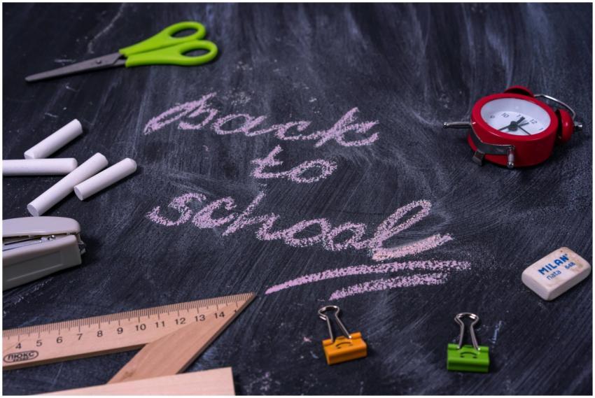 An arrangement of school supplies with 'back to sc