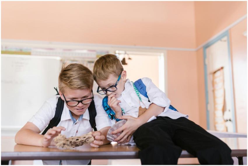 Two young boys in a classroom examining a fossil,