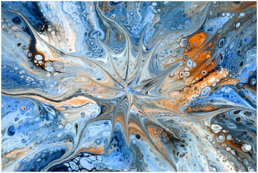 Dynamic abstract painting featuring swirling blue