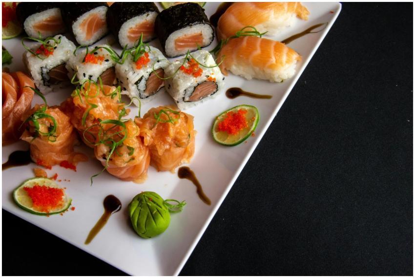 A mouth-watering assortment of sushi including sal