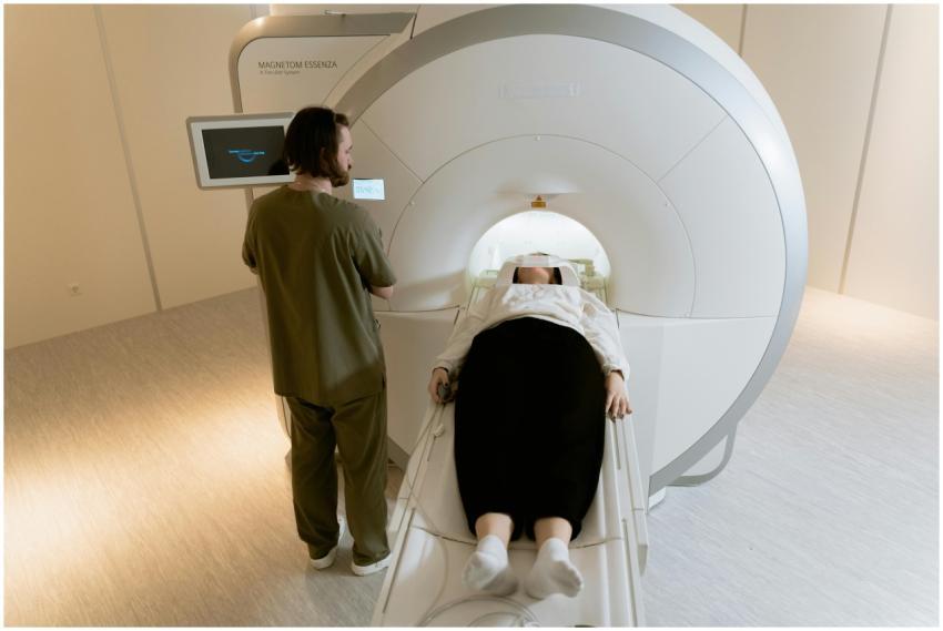 A patient undergoing an MRI scan with a healthcare