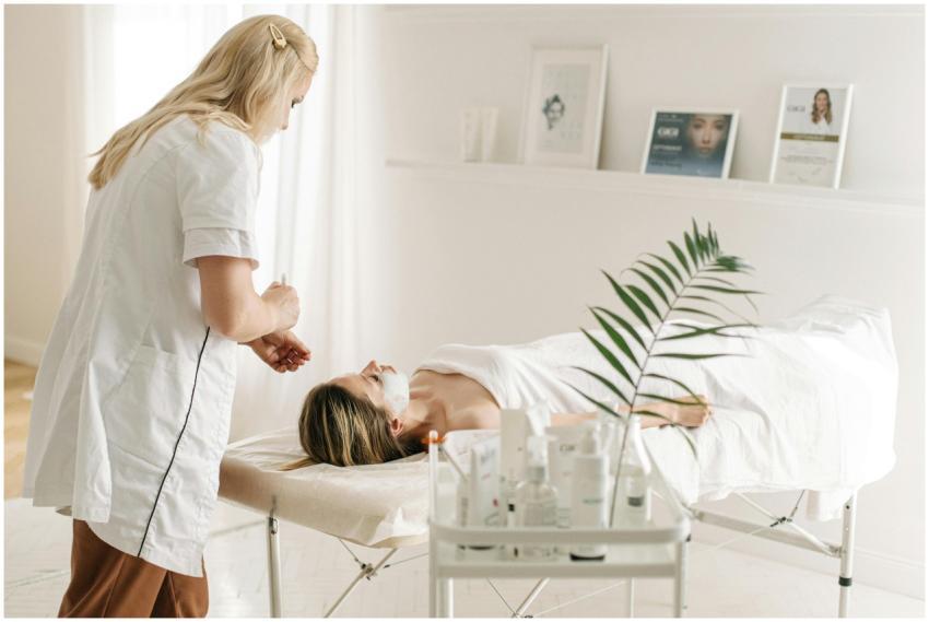 A serene spa setting featuring a facial treatment