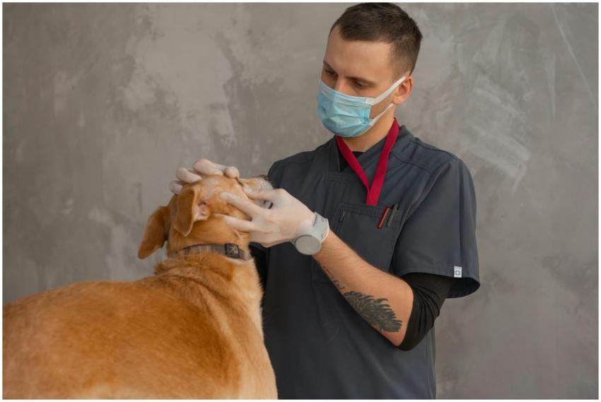 A professional veterinarian in mask examines a dog