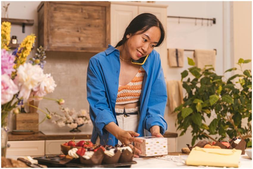 Asian woman in blue shirt and crop top packing cup