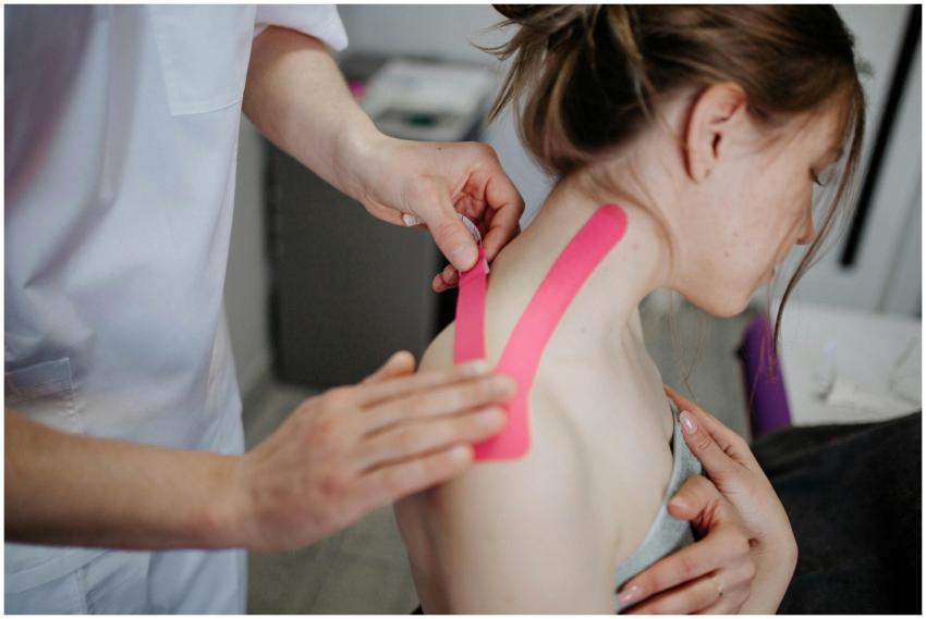 A physiotherapist applies kinesio tape to a woman'