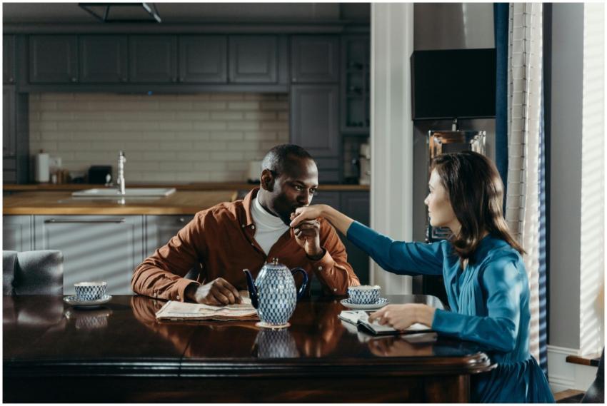 A romantic couple sharing a moment over tea at a w