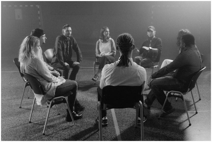 A diverse group of people in a circle discussing a