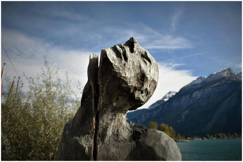A close-up view of a rustic carved wood sculpture