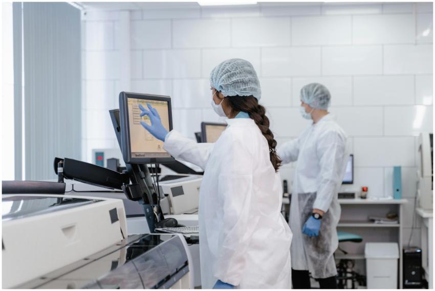 Two scientists in protective gear working with lab