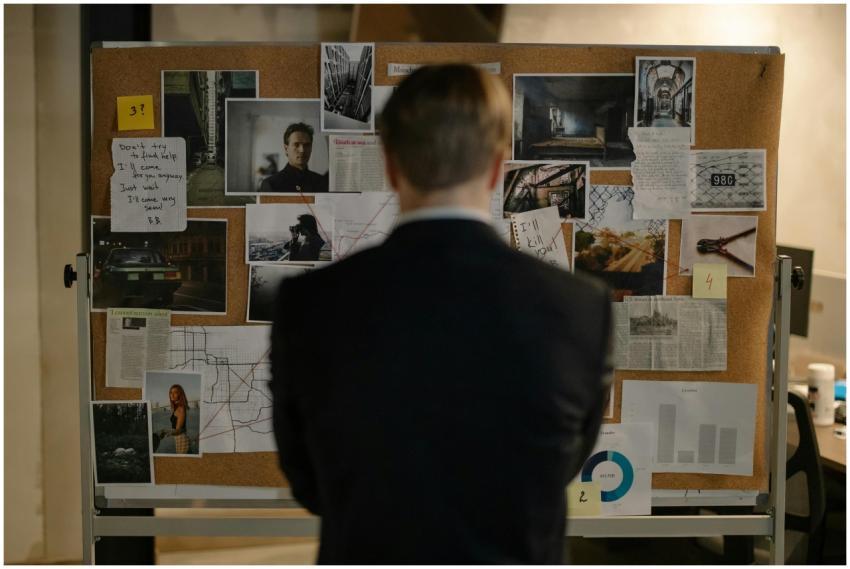 Detective examining clues on a bulletin board fill