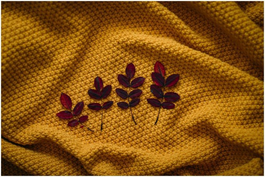 Vibrant autumn leaves displayed on woven yellow te