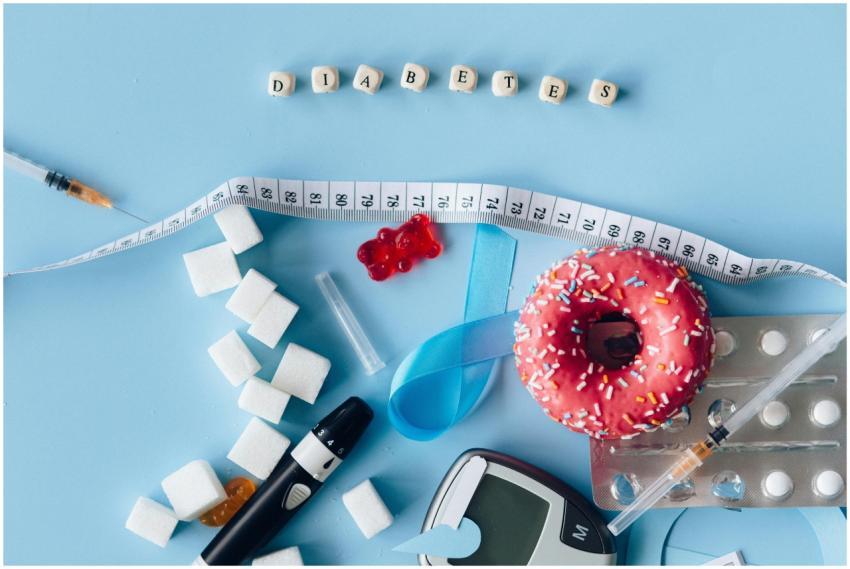 Flat lay of diabetes awareness concept with glucos