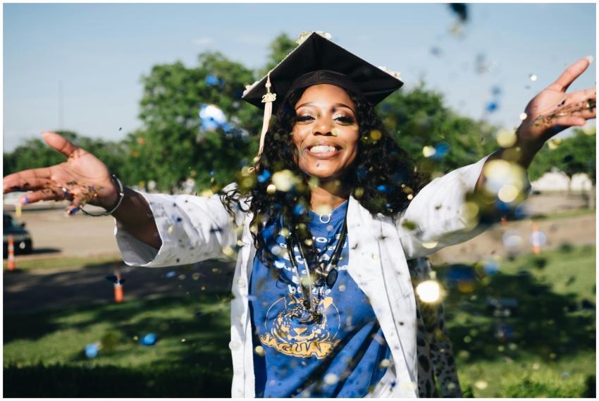 African American woman celebrating graduation with
