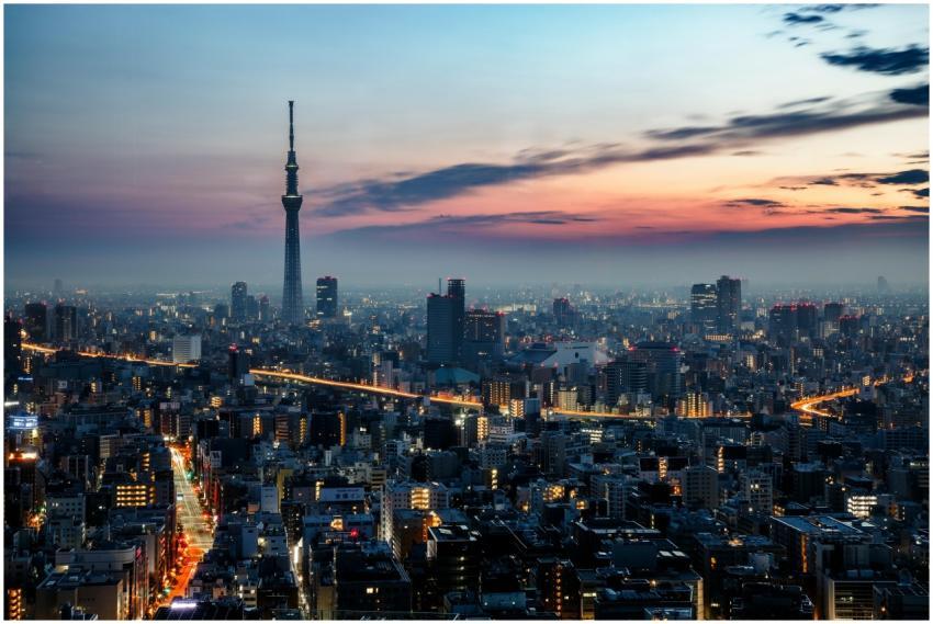 Stunning view of Tokyo with Skytree at dusk, highl
