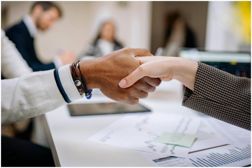 Diverse business professionals exchanging handshak
