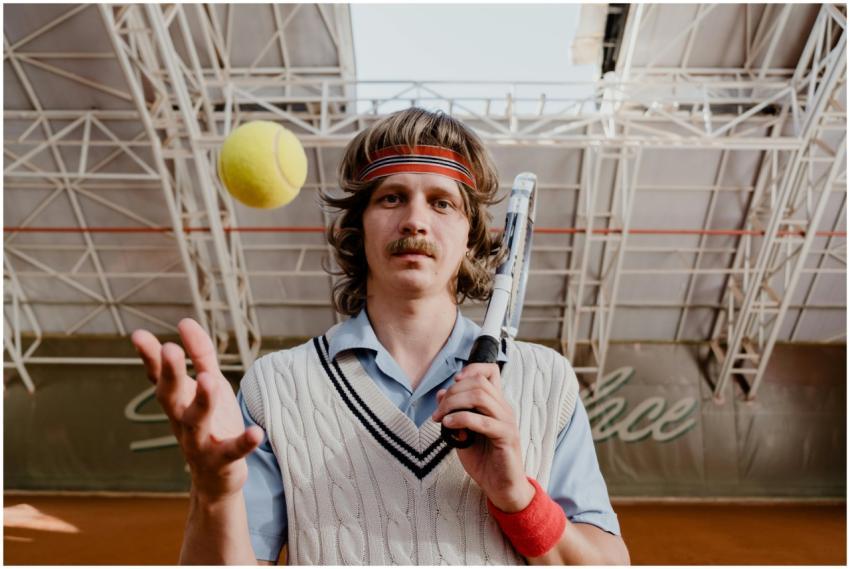 Vintage style tennis player with mustache and head