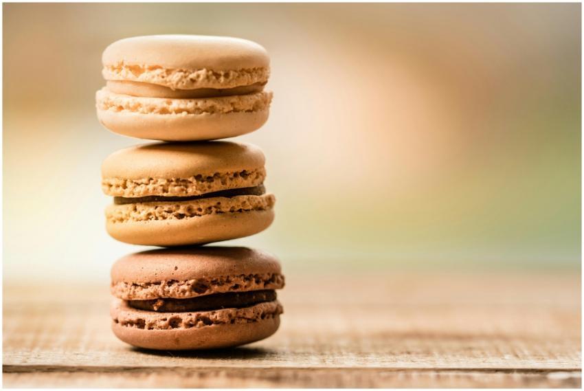 Close-up of stacked macarons showcasing their deli