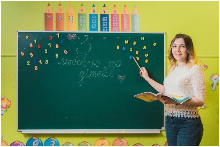 A female teacher pointing to a chalkboard with num