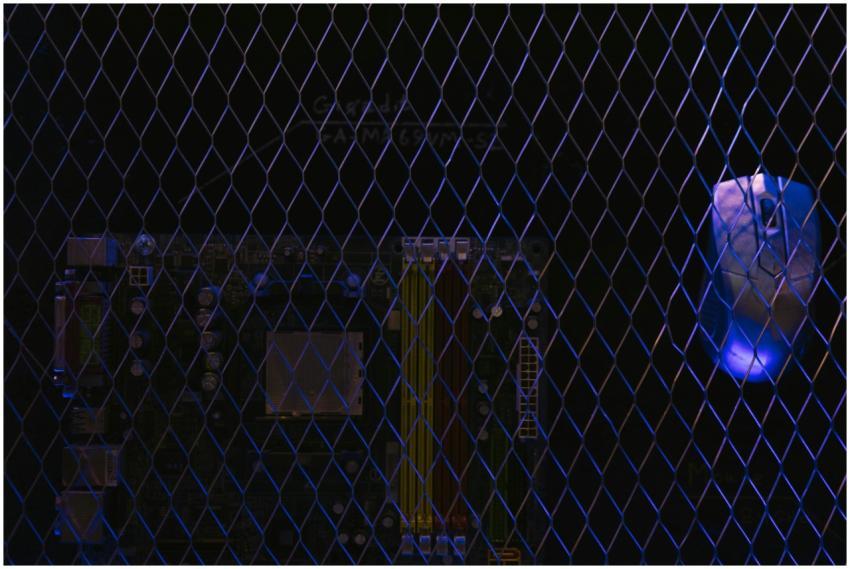 Artistic image featuring a circuit board viewed th