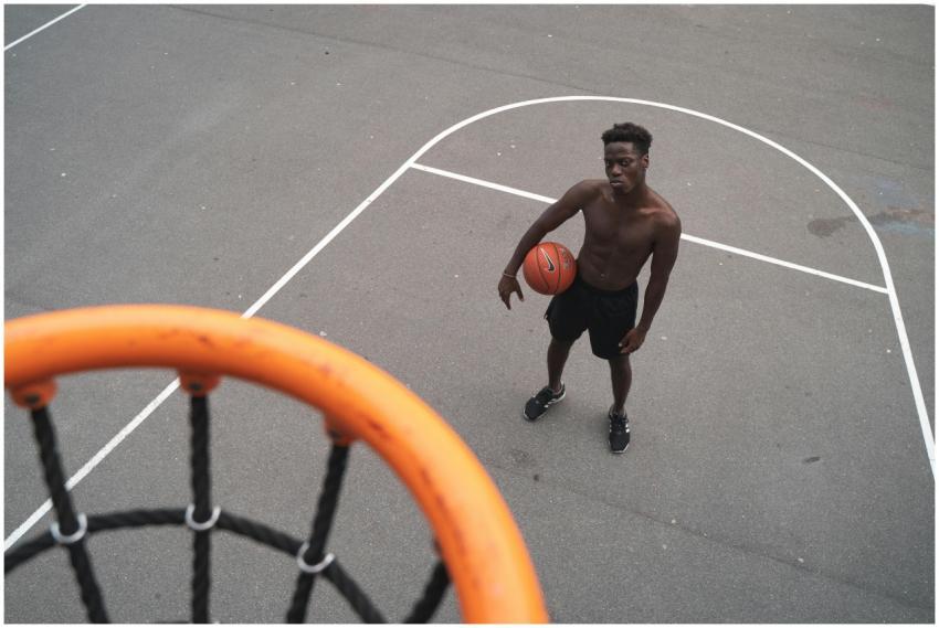Aerial view of a basketball player holding a ball