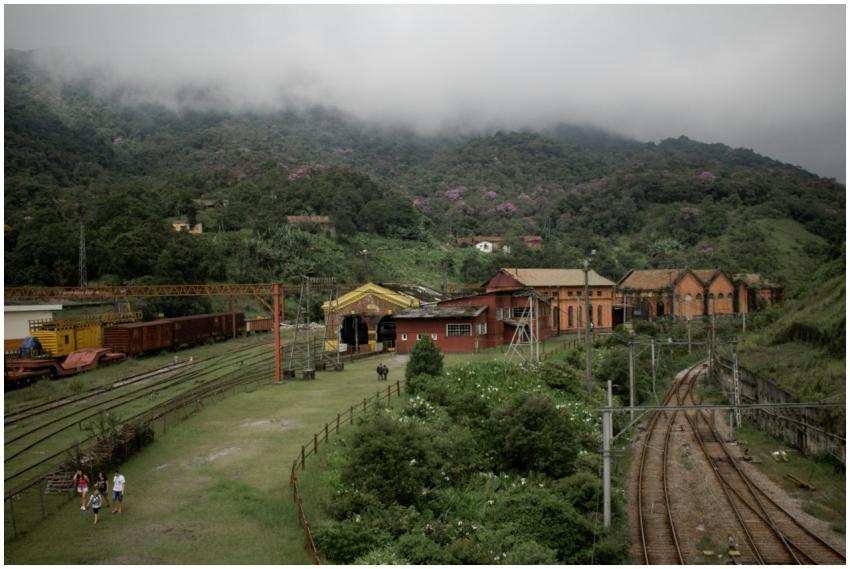 Aerial view of a historic railway station surround