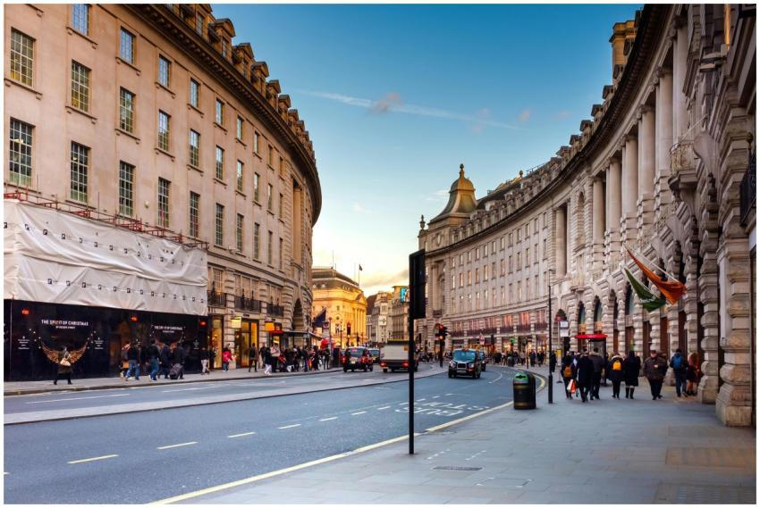 A bustling view of Regent Street in London with hi