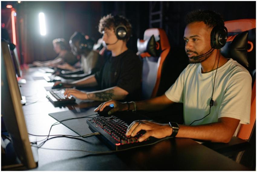 A group of young men immersed in a competitive esp