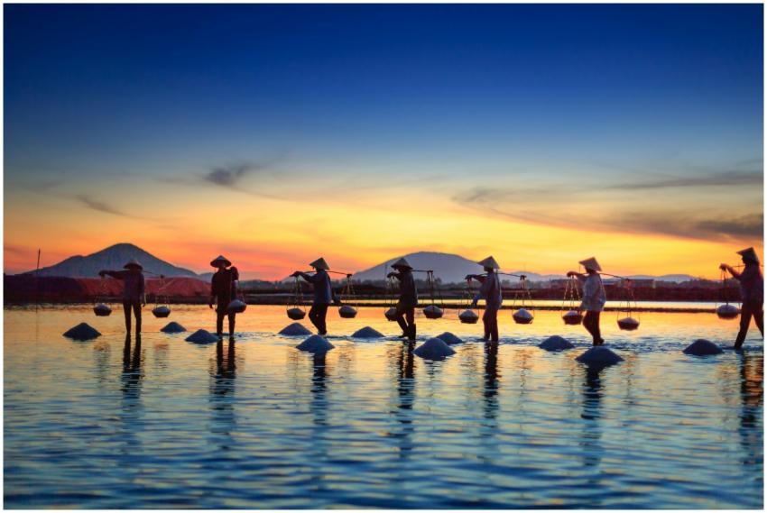 Silhouettes of salt farmers at sunset, reflecting
