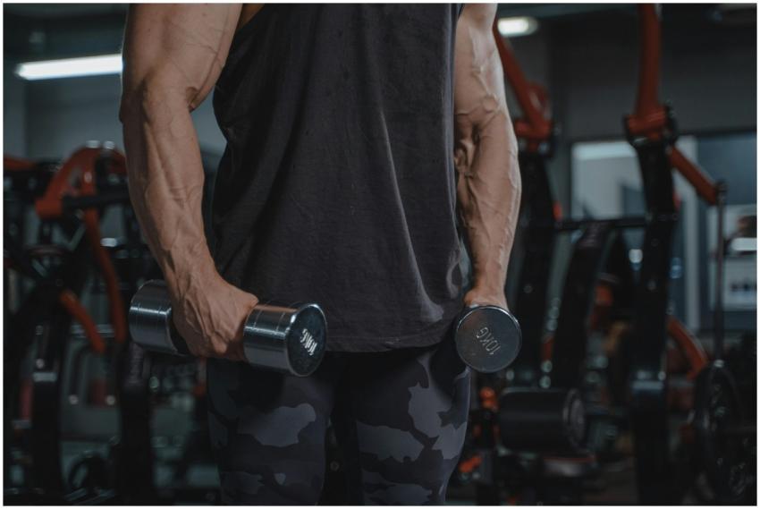 A muscular man exercising with dumbbells in a gym,