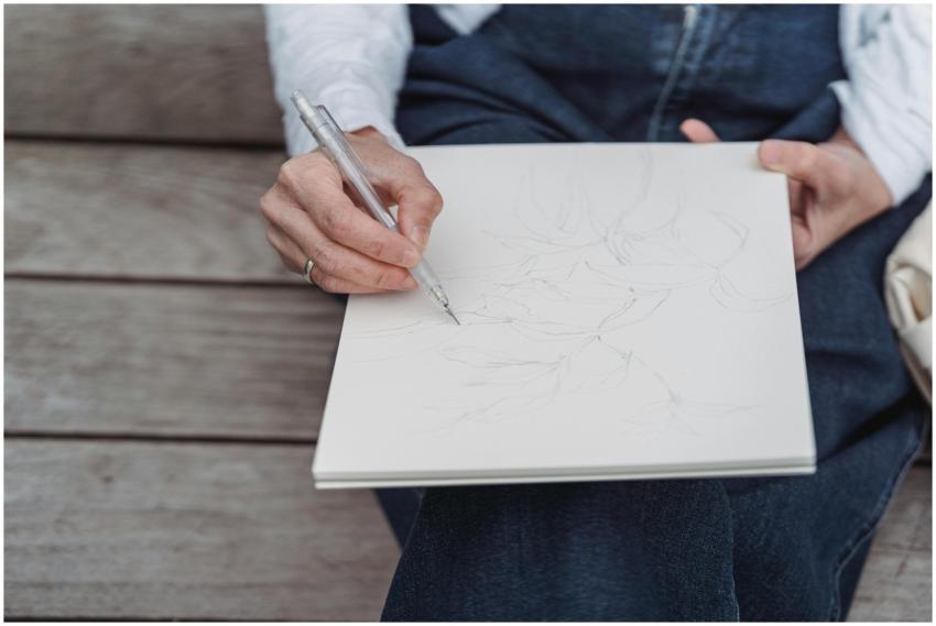 Close-up of a person drawing on a notebook while s