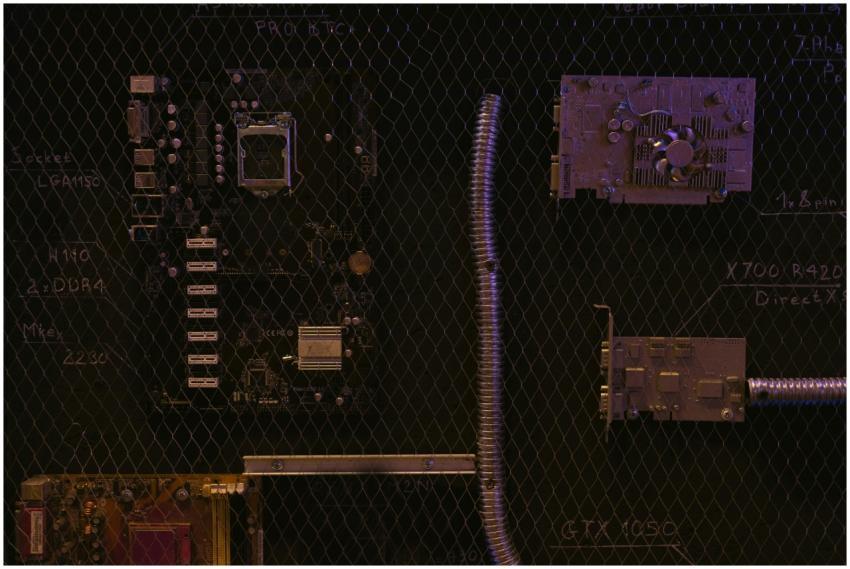 A close-up view of a motherboard and electronic co