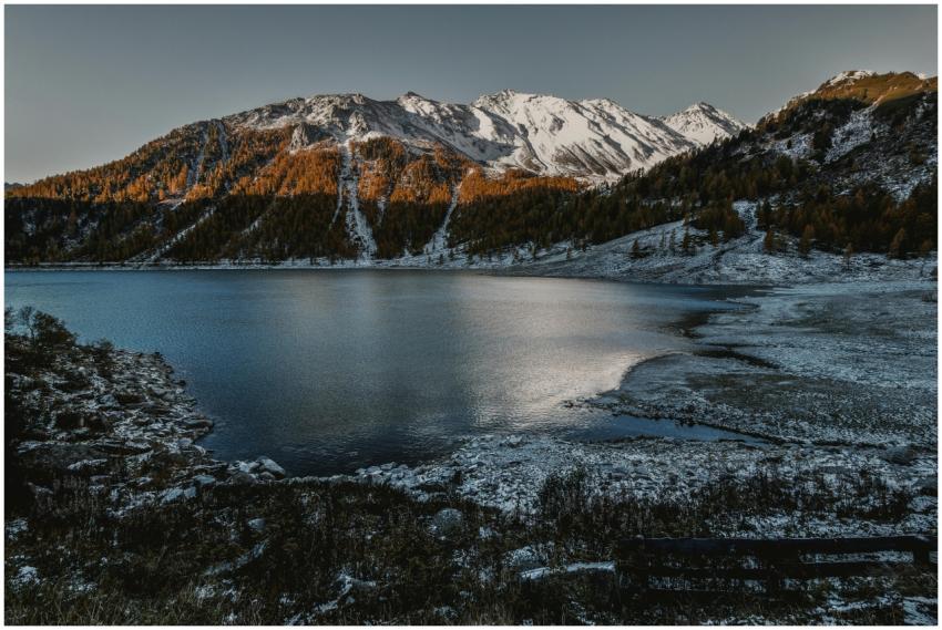 Peaceful winter landscape of a snow-covered mounta