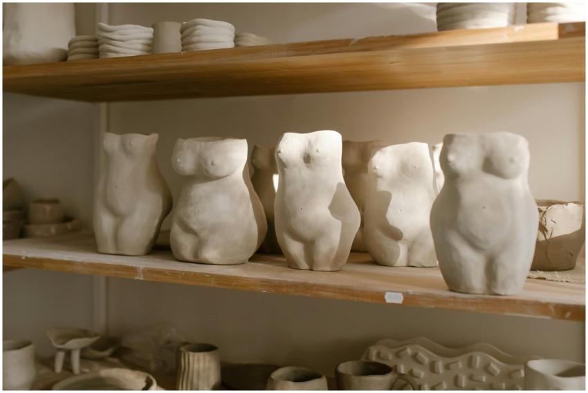 Ceramic sculptures of torsos on a wooden shelf, cr