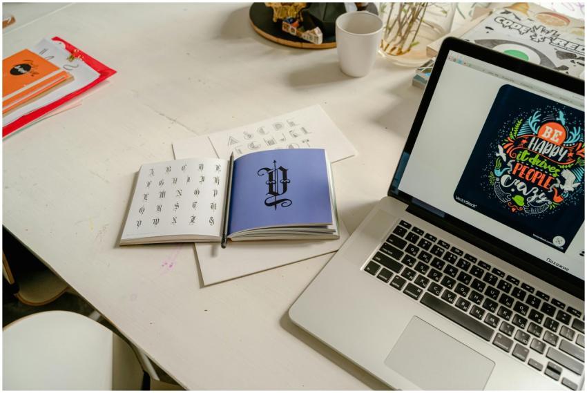 Creative workspace featuring calligraphy book, alp