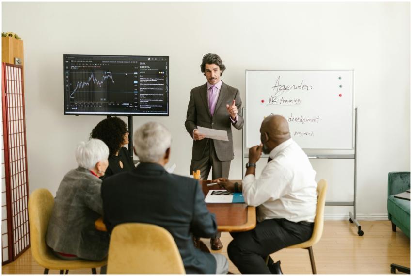 A corporate professional presents market data duri