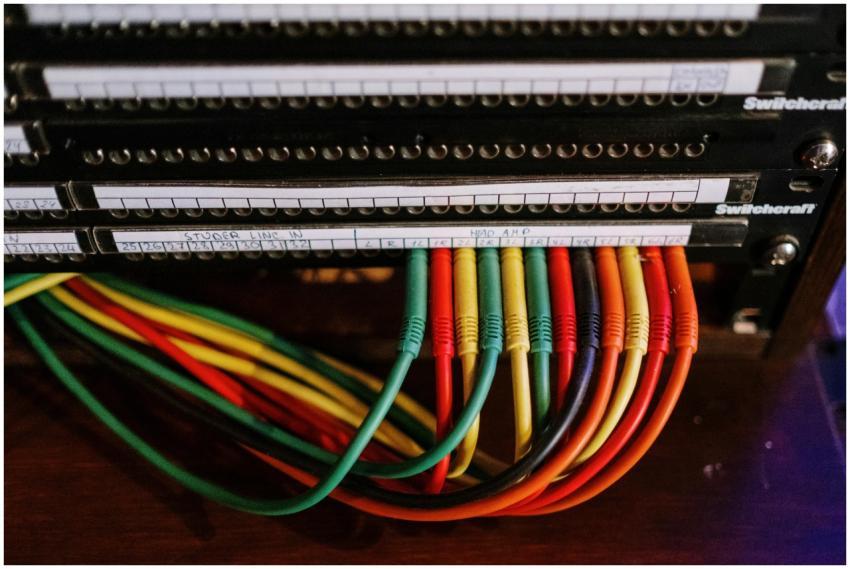 Close-up of colorful patch cables connected to a n