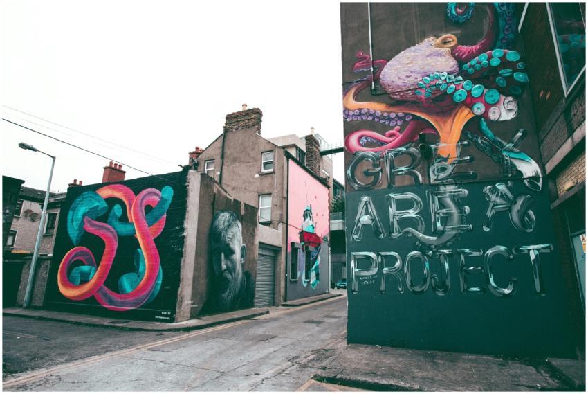 Colorful graffiti art in Dublin's alleyway, featur