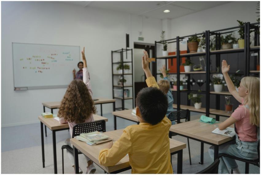 Diverse group of students raising hands in a vibra