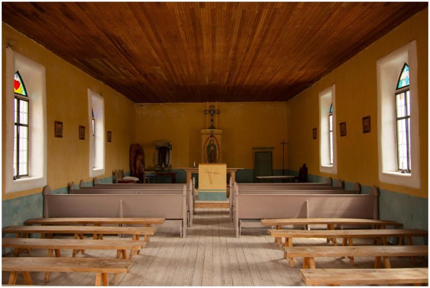 Interior view of a historic church in Terlingua, T
