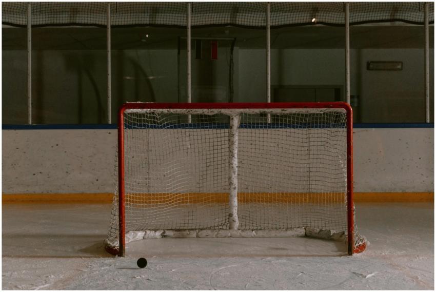 A still shot of an ice hockey rink featuring an em