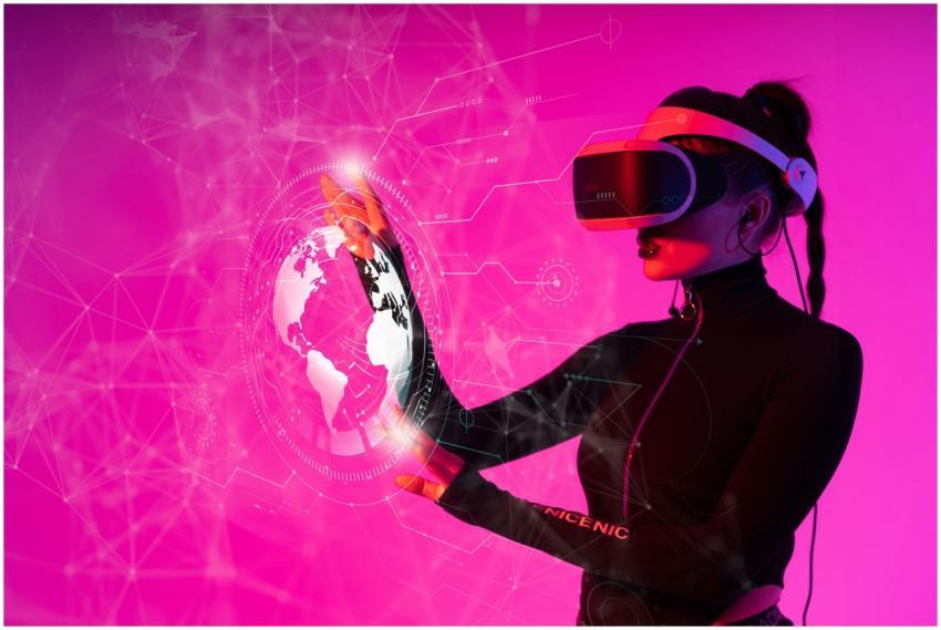 A woman interacts with a VR hologram in a futurist