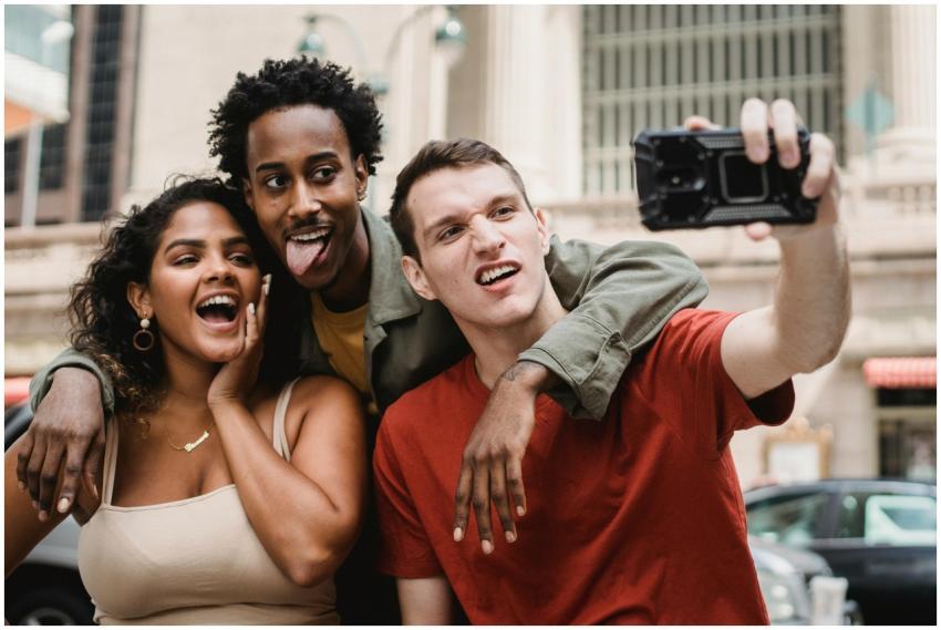 A diverse group of friends enjoying a light-hearte