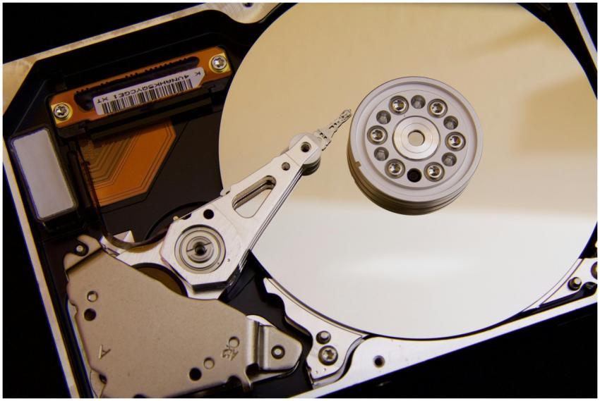 Detailed close-up of a hard disk drive showing the