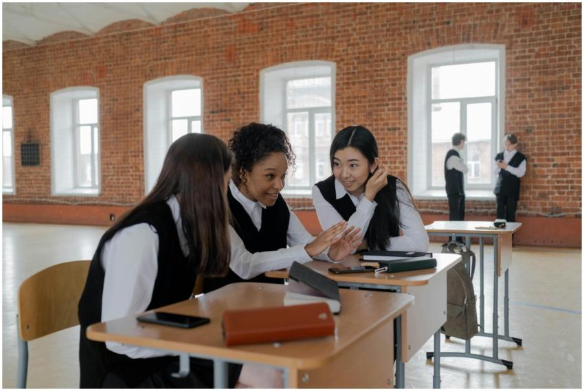 Diverse students in uniforms engaging in a classro